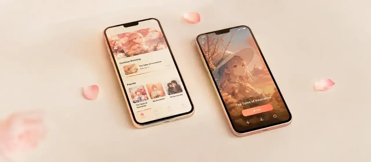 动漫花园 APP 下载页头部背景,象牙白台面上的两部手机与浅粉花瓣